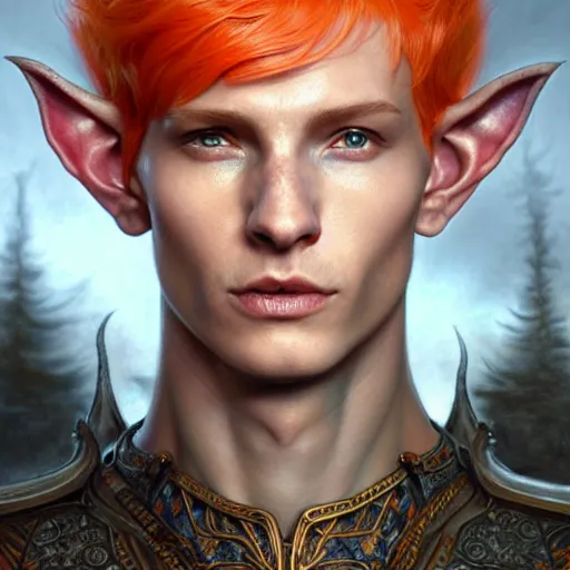 Image similar to portrait painting of an elven young man with short light orange hair and tribal tattoos on cheekbones wearing fur armor, ultra realistic, concept art, intricate details, eerie, highly detailed, photorealistic, octane render, 8 k, unreal engine. art by artgerm and greg rutkowski and charlie bowater and magali villeneuve and alphonse mucha