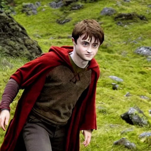 Image similar to daniel radcliffe as harry potter walking, in orodruin from lord of the rings, lava, mountain