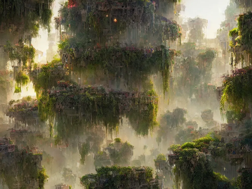 Image similar to the green city of babylon with its wonderful hanging gardens at dawn, intricate, elegant, volumetric lighting, digital painting, highly detailed, artstation, sharp focus, illustration, concept art, ruan jia, steve mccurry