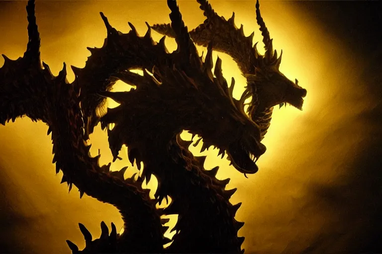 Image similar to caravaggio portrait of king ghidorah, dramatic lighting, chiascuro,