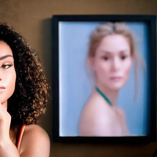 Prompt: portrait of a beautiful woman in soft focus, next to a portrait of a beautiful woman in hard focus