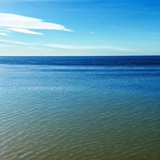 Prompt: a still plain of endless water across the horizon, no waves, no ripples, with a blue sky above it and reflected within it