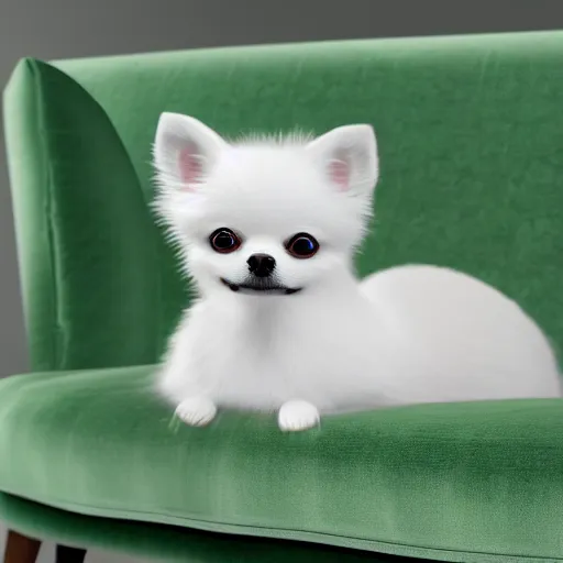 Image similar to small white pomeranian chihuahua dog on a green velvet sofa, photorealistic, hyper detailed, 8k, tight focus, masterpiece, trending on artstation