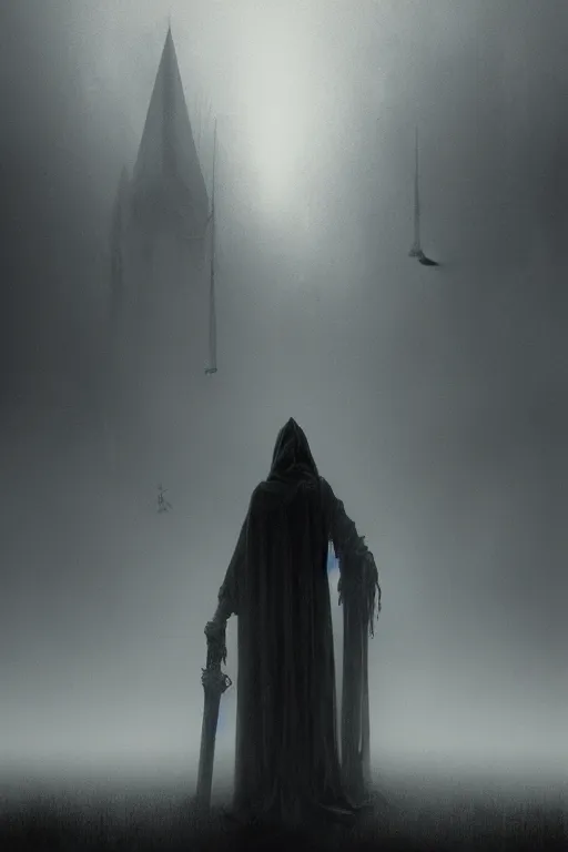 Prompt: beautiful eerie gothic fog atmosphere horror poster with a sinister looking spawn, art direction by Zdizslaw Beksinski and Darius Zawadzki, Artgerm, Artstation trending; cinematic quality character render; low angle; ultra high quality model; production quality cinema model;