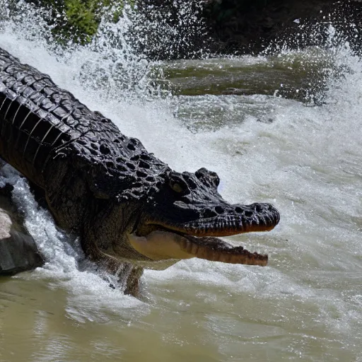 Image similar to photo of kyle funkhouser, riding a crocodile, splashing in an African river, realistic photo