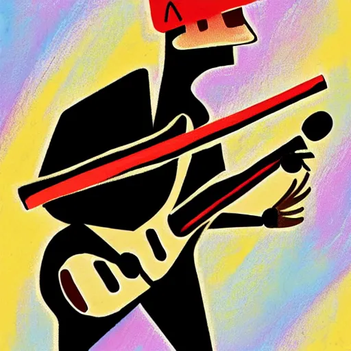 Image similar to a black candle man with long guitar, playing an electric guitar, art by 23 Envelope