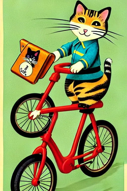 Prompt: by richard scarry. a cat riding a bike. a 1 9 5 0 s retro illustration. muted colors, detailed