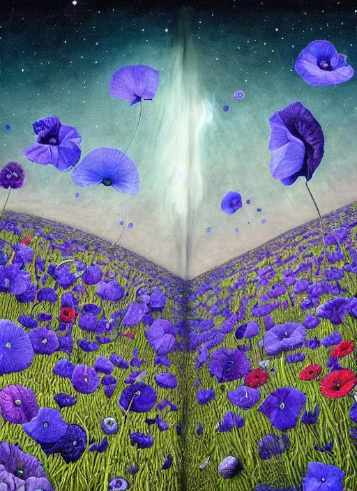 Image similar to detailed, intricate blue black and purple papaverum flower on the field, nebula, galaxy in the sky, winning award masterpiece, fantastically beautiful, illustration, aestheticly inspired, jacek yerka, upscale with anguissola sofonisba work, artstation, 8 k