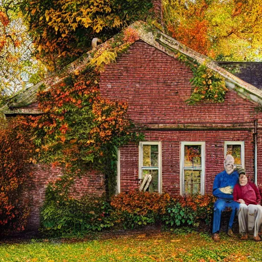 Image similar to impossibly beautiful photo of a brick house, with overgrown vines and foliage, all turning colors in autumn, with elderly couple sitting out front, relaxing at Golden hour, 4k, super detailed textures, high dynamic range