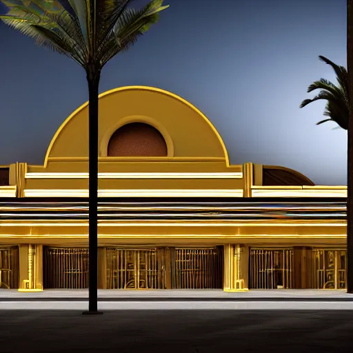 Image similar to beautiful exterior of art deco palace movie theater at night premiere, pillars, dust, dark, long shadows, atmospheric, gold and black marble lacquered, palm trees, luxury architecture, low angle, dynamic cinematic light, 3 5 mm, realistic, insanely detailed, hyper detail, hyper real, unreal engine render, 8 k