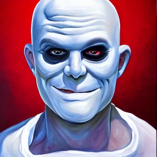 Image similar to painting of mr. clean cosplaying as gigachad, completely white eyes, blank eyes, halloween mask