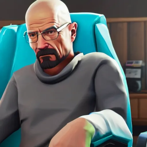 Prompt: gamer walter white on a gaming chair playing fortnite