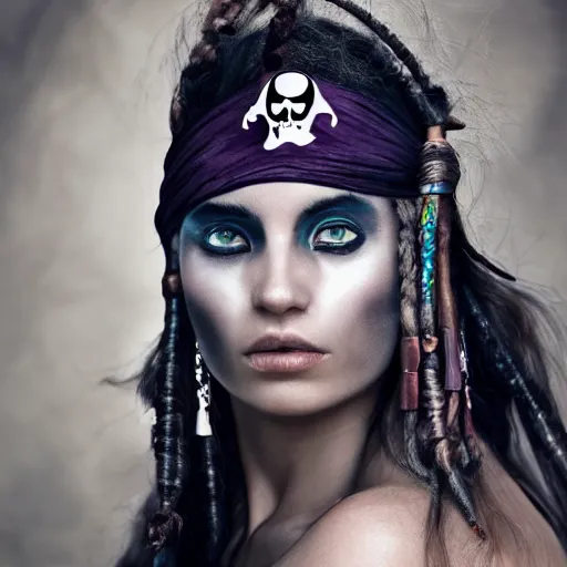 Image similar to a beautiful female pirate with dark grey iridescent skin