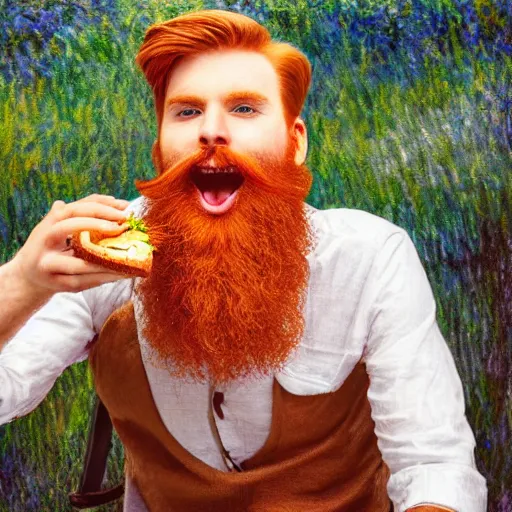 Image similar to ginger young handsome man with beard eating hamburger happily by monet