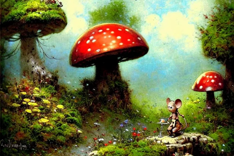 Image similar to adventurer ( ( ( ( ( 1 9 5 0 s retro future robot android mouse in forrest of giant mushrooms, moss and flowers stone bridge. muted colors. ) ) ) ) ) by jean baptiste monge!!!!!!!!!!!!!!!!!!!!!!!!! chrome red