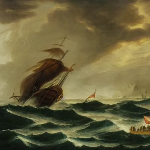 Prompt: a medieval vessel sailing the sea in a rough storm, sailors frantically pulling at ropes and tying the sails, large waves crashing and lightning striking in the distance, dark great clouds swirling above, detailed and oil painting