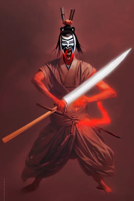 Prompt: elaborate illustration of an insane kabuki warrior wielding a spear striking a pose while emitting a visible aura of madness, crossed eyes, hazy atmosphere, greg rutkowski style, high quality, 8 k