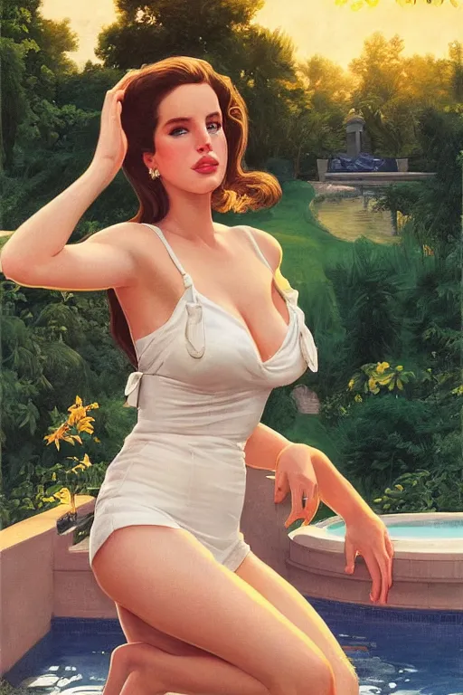 Image similar to Lana del Rey, next to a pool, golden hour, in a garden, artstation, by J. C. Leyendecker and Peter Paul Rubens,