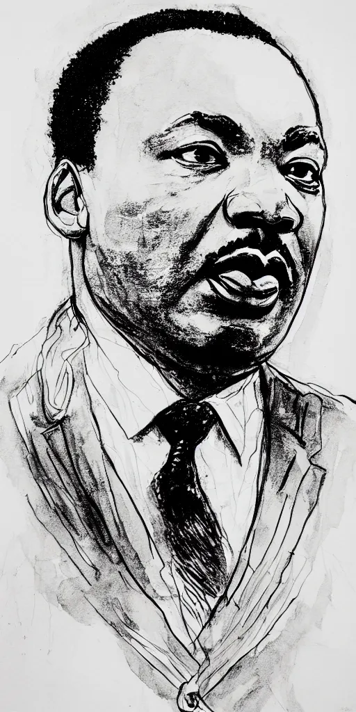 Image similar to a loose wild messy ink sketch portrait of Martin Luther king in the style of ralph steadman, caricature, dramatic