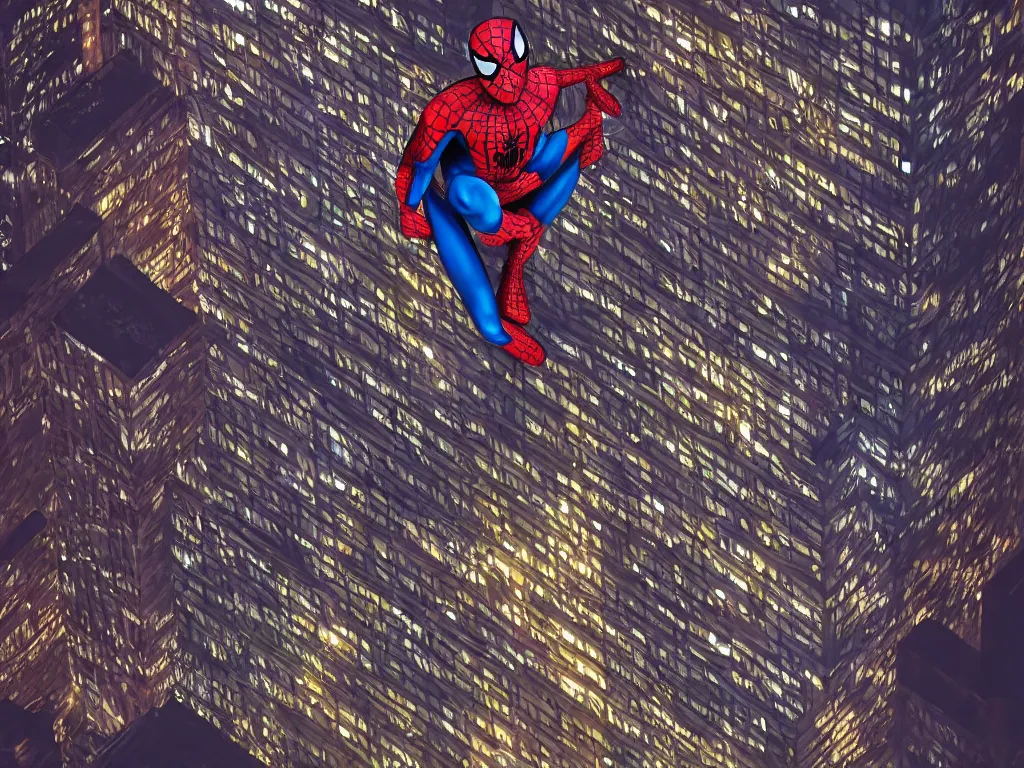 Prompt: spiderman standing on the top of a building at night by andreas roch