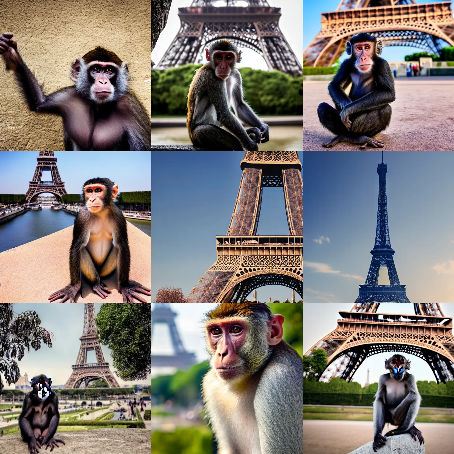 Prompt: high quality portrait of a monkey in front of eiffel tower, studio photograph, photograph, realistic photo, 8k photo, 4k photo, stock photo, high resolution, cinematic shot, high detail