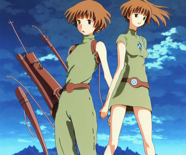 Image similar to anime art full body portrait character nausicaa by hayao miyazaki concept art, anime key visual of elegant young female, short brown hair and large eyes, finely detailed perfect face delicate features directed gaze, valley of the wind and mountains background landscape scenery, trending on pixiv fanbox, studio ghibli, extremely high quality artwork by kushart krenz cute sparkling eyes