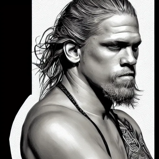 Image similar to Portrait of Jax Teller, intricate upper body, highly detailed, digital painting, artstation, concept art, smooth, sharp focus, illustration, art by Hajime Sorayama