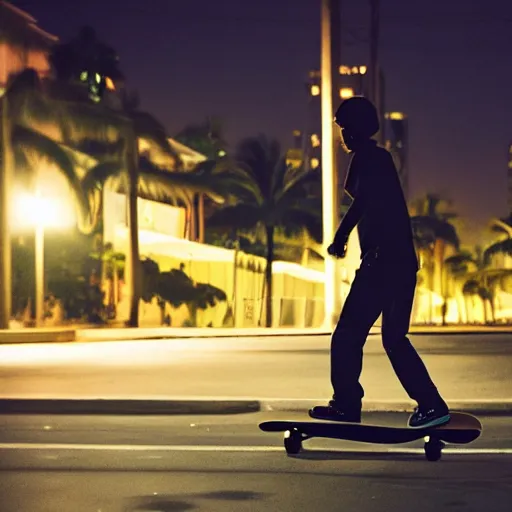 Image similar to a skateboarder in a cinematic shot of miami at midnight, canon eos c 3 0 0, ƒ 1. 8, 3 5 mm, 8 k, medium - format print, inspired by roger deakins cinematography