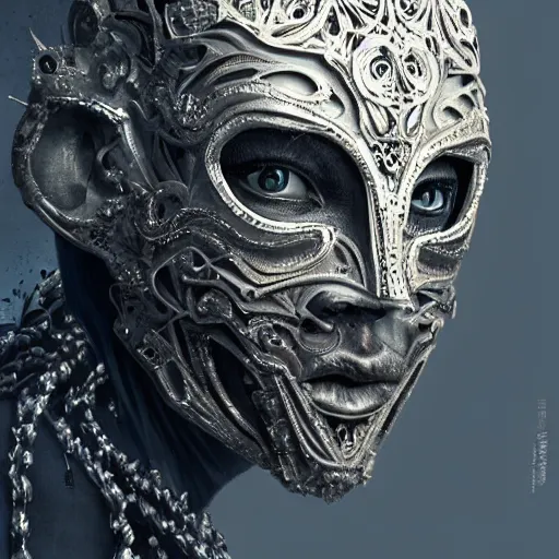 Image similar to Very very very very highly detailed epic central composition photo of face with venetian mask, intricate, dystopian, sci-fi, extremely detailed, digital painting, artstation, concept art, smooth, sharp focus, illustration, intimidating lighting, incredible art by Tokujin Yoshioka and Anton Pieck