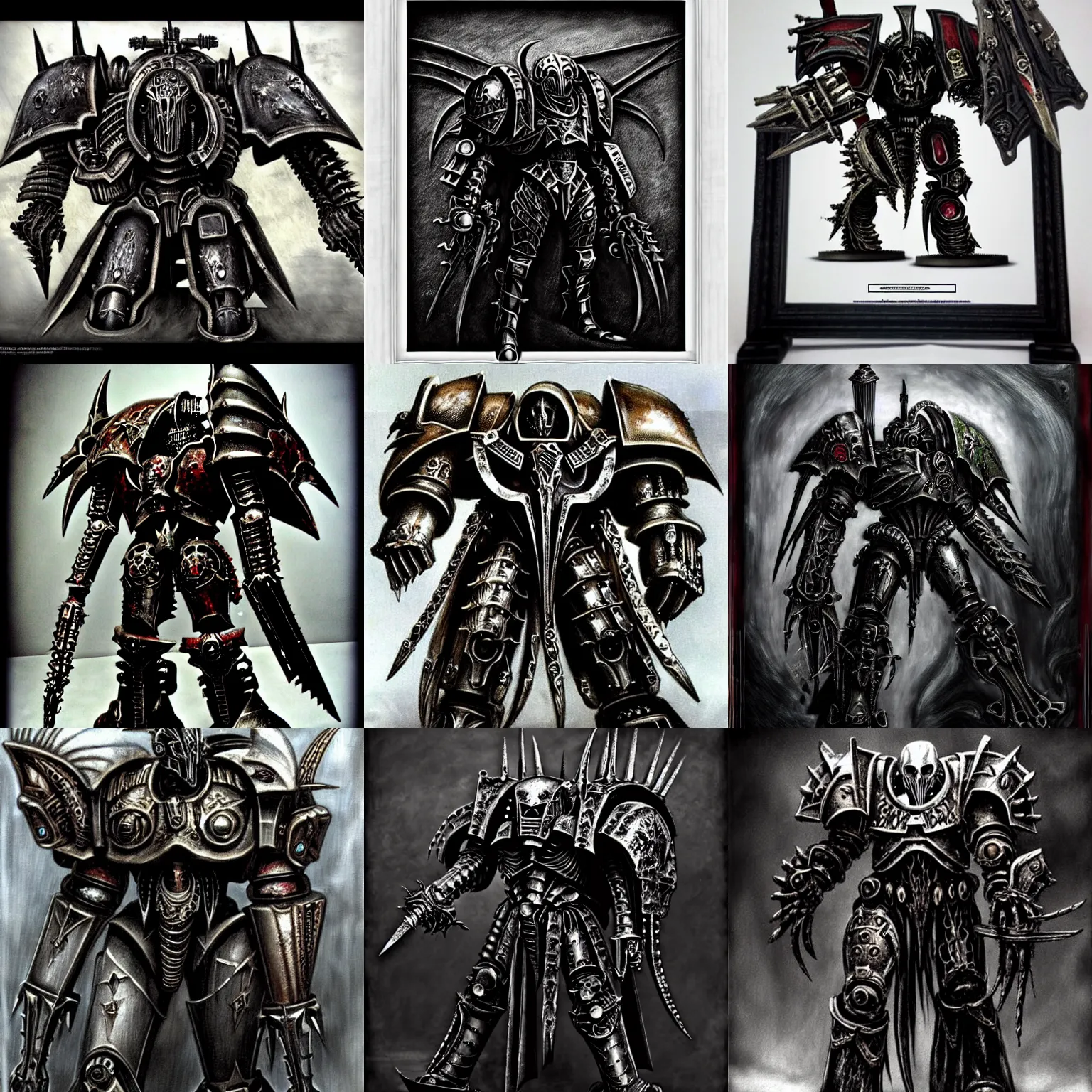 Prompt: wh 4 0 k art, chaos knight metal couture by giger, frame from prometheus movie