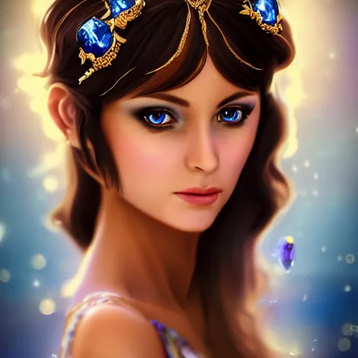 Image similar to a photographic portrait of an fantasy 30 years old princess with a deep blue sapphire and gold small diadem, seductive look, warmer and softer colours, more tan face, lighter brown hair, cinematic light, bokeh, by Danny Battista canon 50mm, artstation
