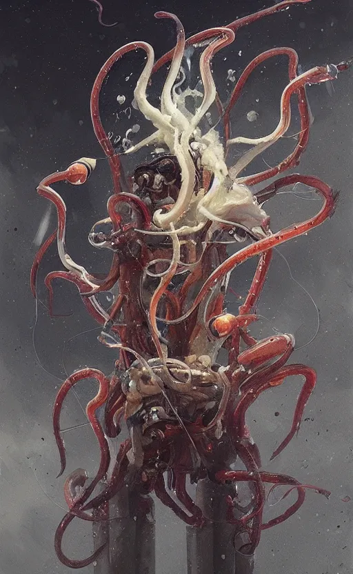 Image similar to a painting of a squid banging the drums with its tentacles, by greg rutkowski, featured on artstation