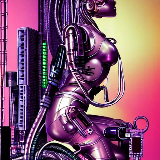 Image similar to a detailed airbrush cyberpunk illustration of a female android seated on the floor in a tech labor, seen from the side with her body open showing cables and wires coming out, by masamune shirow, hajime sorayama, boris vallejo and katsuhiro otomo, japan, 1980s, dark, colorful