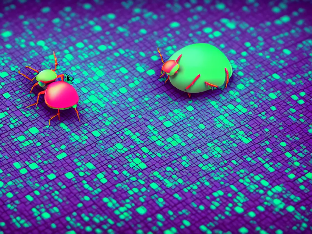 Image similar to a very cute bug crawling out of a vast 3 d landscape of jumbled computer code, hyperrealistic, 3 d, 8 k, artstation, very detailed, neon colors