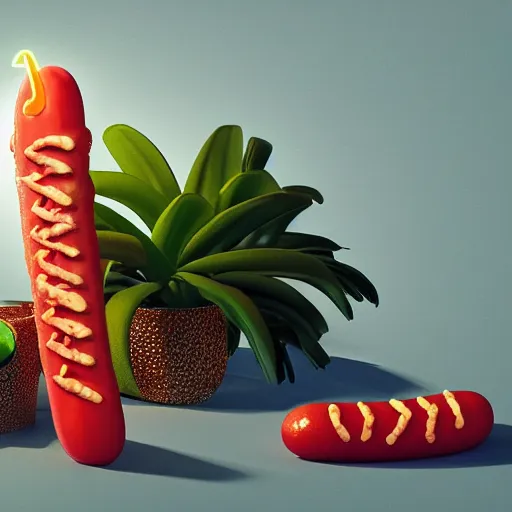 Image similar to a neon translucent transparent plastic hotdog surrounded by bits of fur, popsicles, and exotic tropical plants, chiaroscuro baroque painting, still life, detailed octane render, 8k