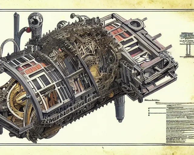 Image similar to a full page of a mechanical blueprint showing a cutaway design for a mechanized six legged wolf from howl's moving castle ( 2 0 0 4 ), with a big head, muted colors, post grunge, studio ghibli, hq,