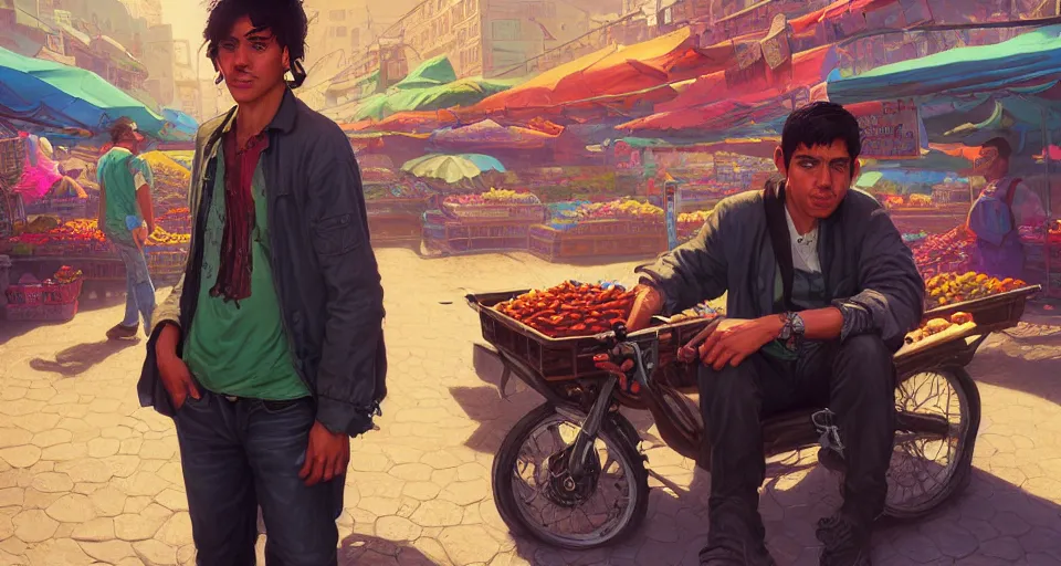 Prompt: highly detailed portrait young man mexican vendor in gta v, street market, happy ambience, stephen bliss, unreal engine, fantasy art by greg rutkowski, loish, rhads, ferdinand knab, makoto shinkai and lois van baarle, ilya kuvshinov, rossdraws, tom bagshaw, global illumination, detailed and intricate environment