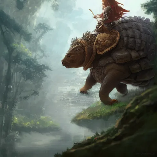 Image similar to yanonami riding a glyptodon, greg rutkowski, digital illustration, concept art, dnd, face, fantasy, intricate, elegant, highly detailed, digital painting, artstation, full body, long shot, cinematic lighting