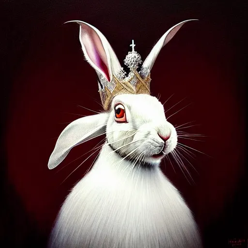 Image similar to “ an oil painting portrait of an evil white hare wearing medieval royal robe and an ornate crown on a dark background ” digital art, concept art, highly detailed, 3 - d 4 k, trending on art station, award winning, mark brooks,