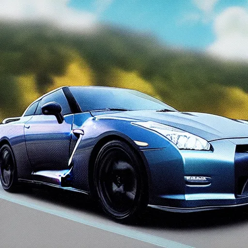 Image similar to cloud strife driving a nissan gt - r