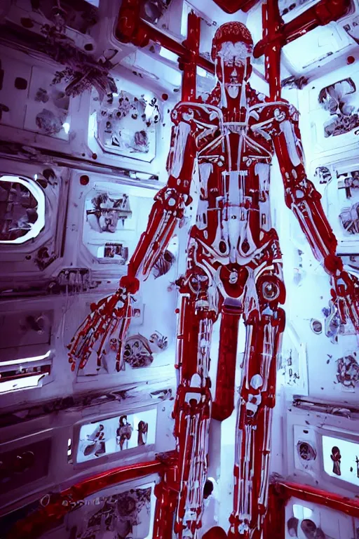 Image similar to space station interior white cross cross a statue jesus on cross made of red marble hands nailed to a cross perfect symmetrical body full body shot, inflateble shapes, wires, tubes, veins, jellyfish, white biomechanical details, wearing epic bionic cyborg implants masterpiece, intricate, biopunk, vogue, highly detailed, artstation, concept art, cyberpunk, octane render