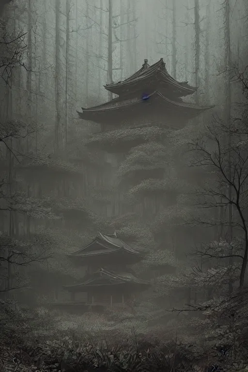 Prompt: Japanese abandoned temple in the woods, dark, moody, foggy, mysterious by Marc Simonetti