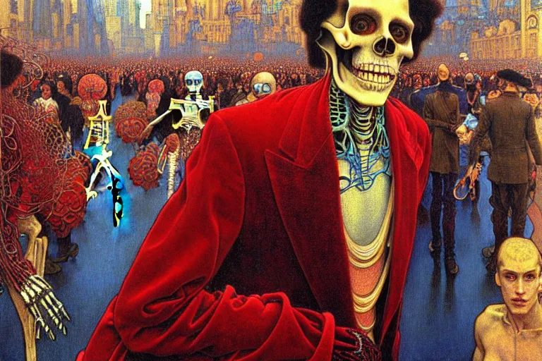 Prompt: realistic detailed closeup portrait painting of a single skeleton wearing crimson velvet blazer in a crowded futuristic moscow street by Jean Delville, Amano, Yves Tanguy, Alphonse Mucha, Ernst Haeckel, Ilya Repin, Edward Robert Hughes, Andrei Tarkovsky, Roger Dean, rich moody colours, blue eyes