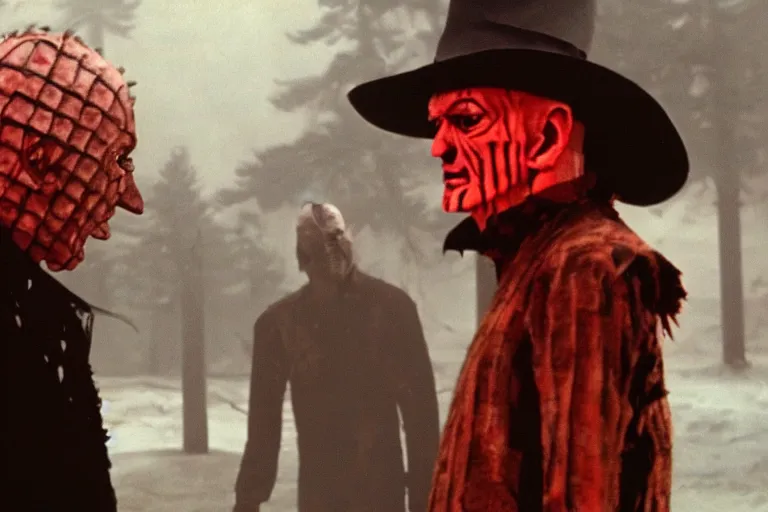 Prompt: Freddy Krueger facing off against Pinhead, epic, cinematic, 8k