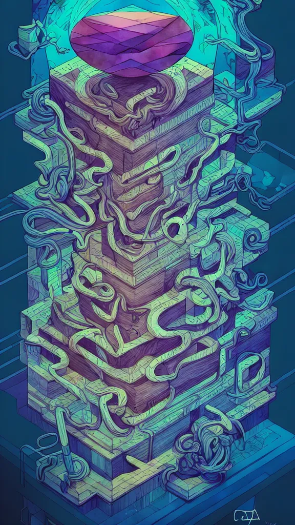 Image similar to arcane twisted turn of fate abstraction, centered award winning ink pen illustration, isometric abstract illustration by dan mumford, edited by craola, technical drawing by beeple and tooth wu, tiny details by artgerm and watercolor girl, symmetrically isometrically centered