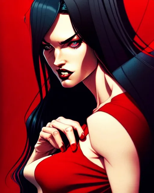 Image similar to artgerm, joshua middleton comic cover art, full body pretty megan fox vampire sharp teeth, red dress, symmetrical eyes, symmetrical face, long curly black hair, dark castle background background, cinematic lighting