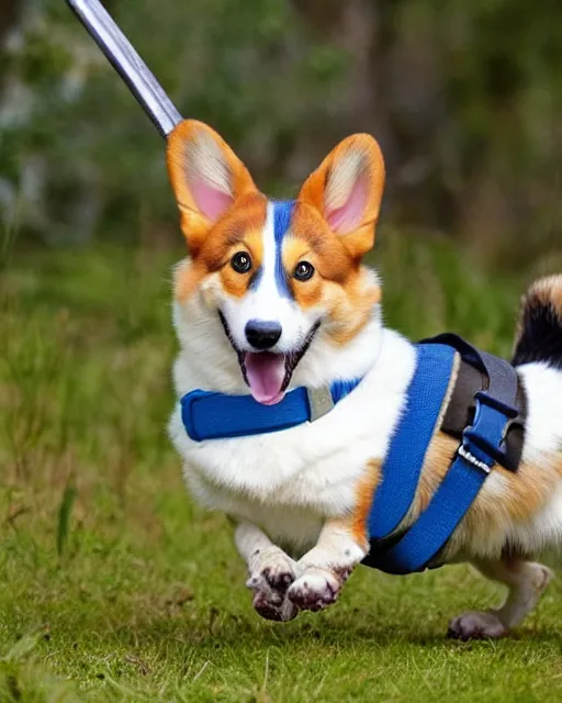 Prompt: warrior corgi dog with a sword strapped to its back, runs off to do battle with the english, the corgi has a large blue face mark on its face, hyperreal, filmed in the style of john toll