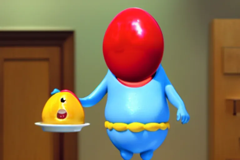 Image similar to an anthropomorphic jelly bean, happy and holding a box, pixar