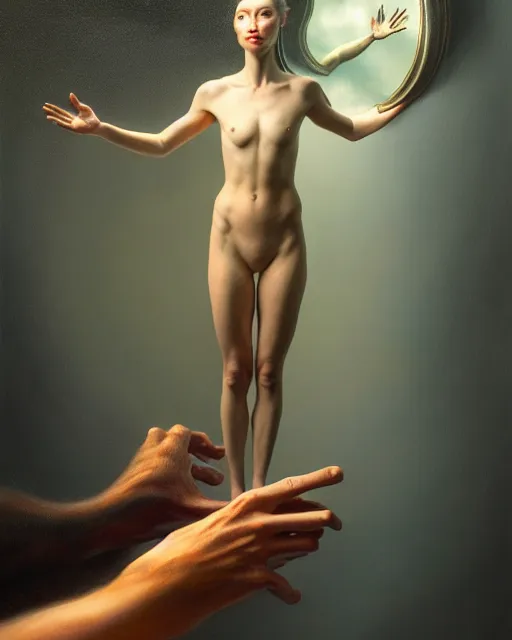 Prompt: a hyper - detailed 3 d render like a oil painting of a person reaching for their ideal self in the magic mirror, surrealism!!!!! surreal concept art, lifelike, photorealistic, digital painting, aesthetic, smooth, sharp focus, artstation hd, by greg rutkowski, bruce pennington, valentina remenar and asher duran,