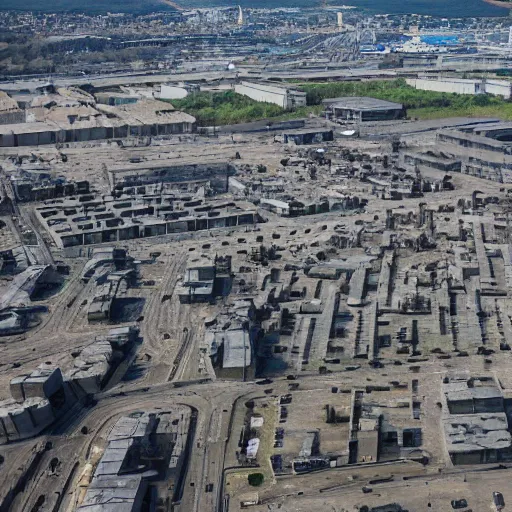 Image similar to brutalist city, prison city, totalitarian prison island, spotlights, military buildings, drones, high walls, dystopian city, prison complex, colorized 8 mm photo